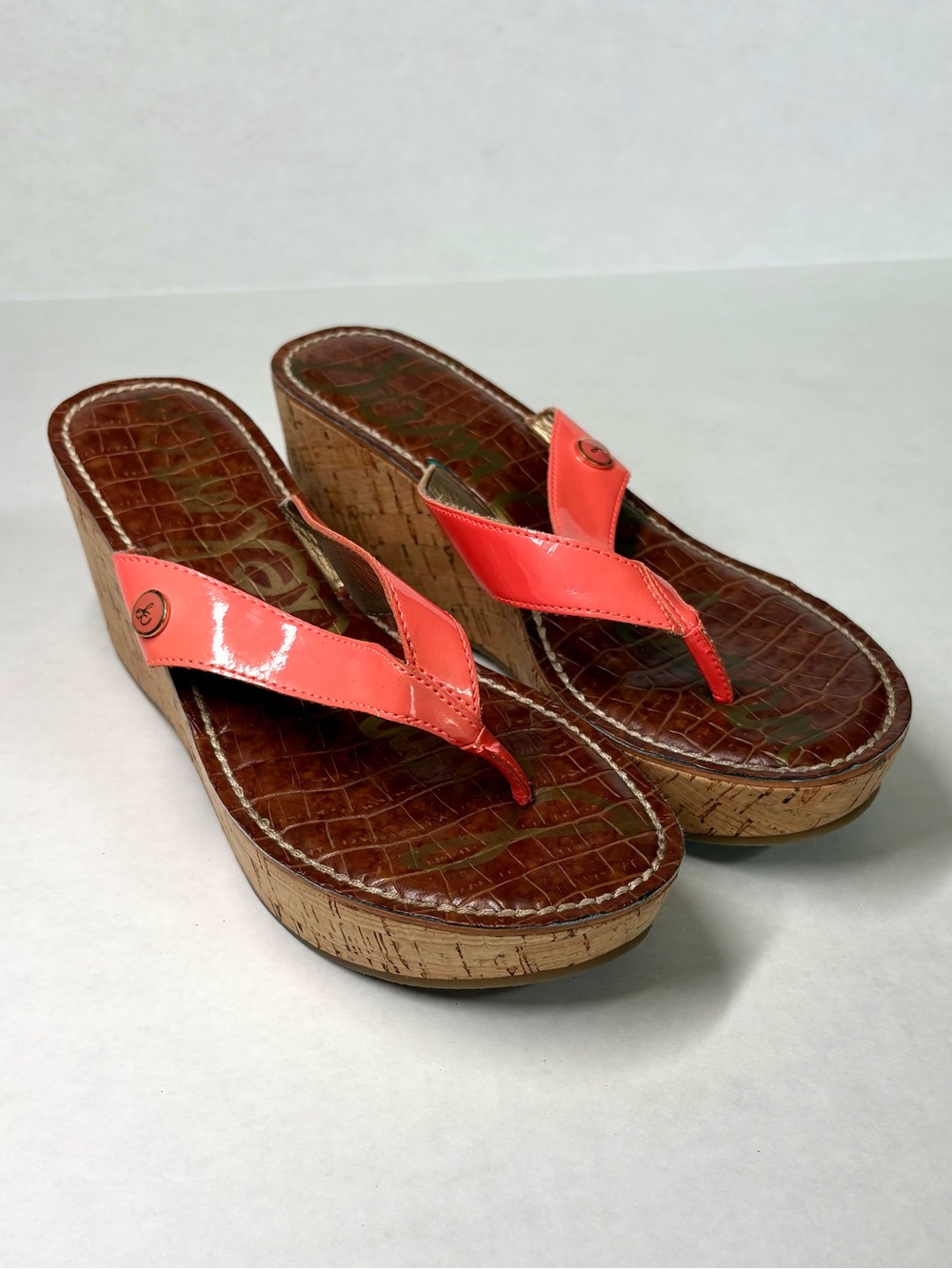 Sam Edelman Romy Croc Print Cork Wedge Thong Sandal US 7.5 Coral